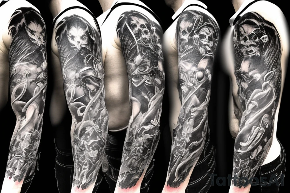 Show me a full arm sleeve tattoo for men that depicts the devil and darkness entering the underworld tattoo idea