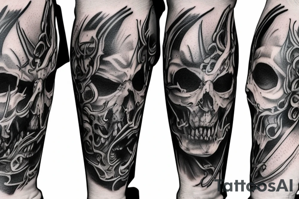 Show me a full arm sleeve tattoo for men that depicts the devil and darkness entering the underworld tattoo idea