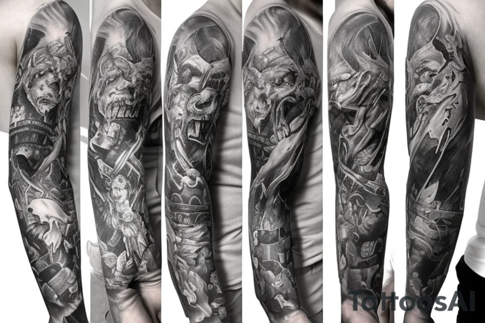 Show me a full arm sleeve tattoo for men that depicts the devil and darkness entering the underworld tattoo idea