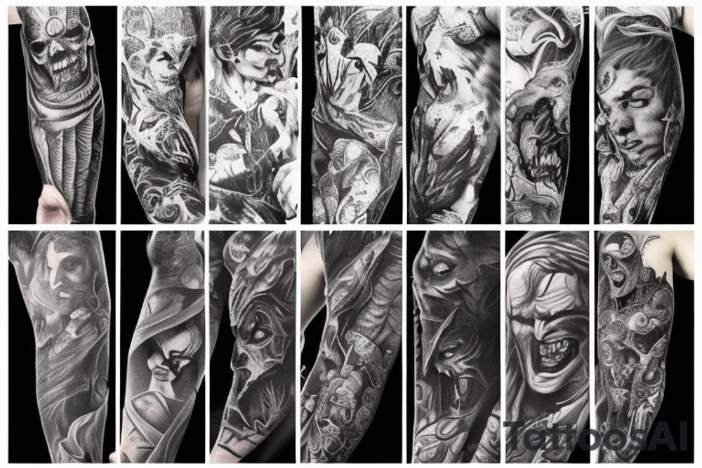 Show me a full arm sleeve tattoo for men that depicts the devil and darkness entering the underworld tattoo idea