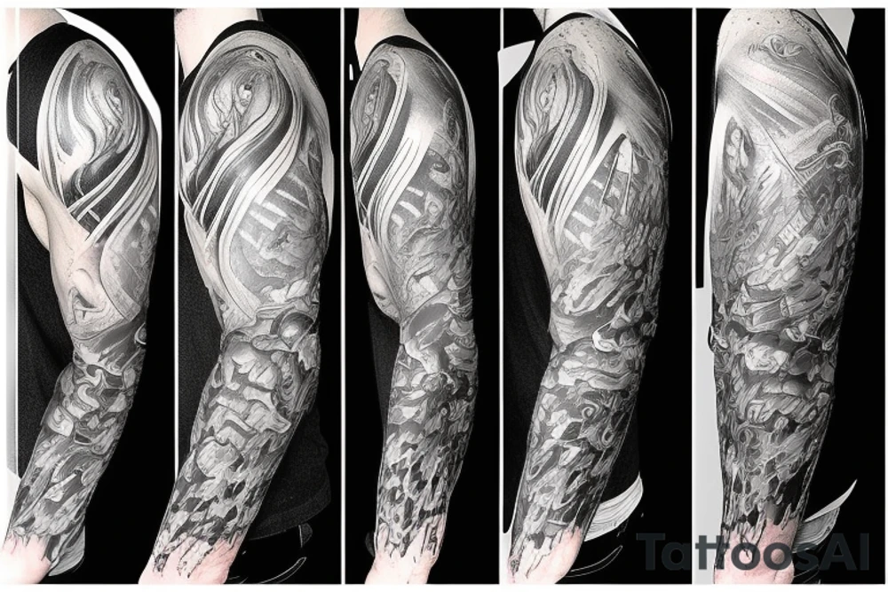 Show me a full arm sleeve tattoo for men that depicts the devil and darkness entering the underworld tattoo idea
