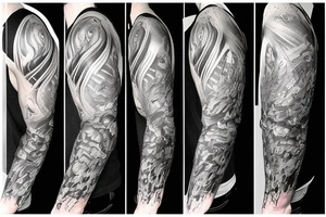 Show me a full arm sleeve tattoo for men that depicts the devil and darkness entering the underworld tattoo idea
