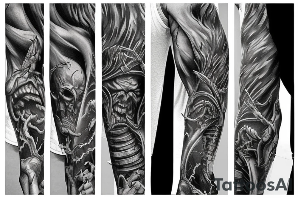 Show me a full arm sleeve tattoo for men that depicts the devil and darkness entering the underworld tattoo idea