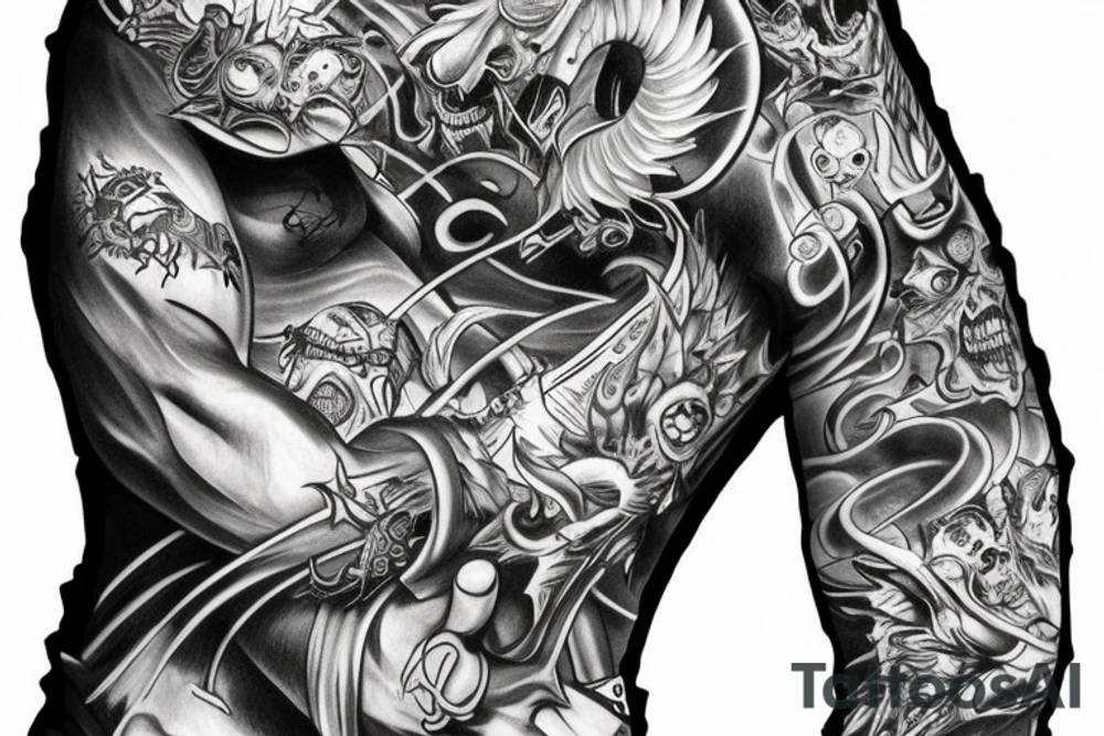 Show me a full arm sleeve tattoo for men that depicts the devil and darkness entering the underworld tattoo idea