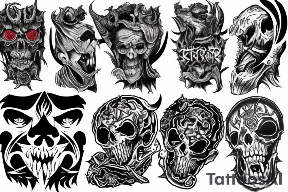 Show me a full arm sleeve tattoo for men that depicts the devil and darkness entering the underworld tattoo idea