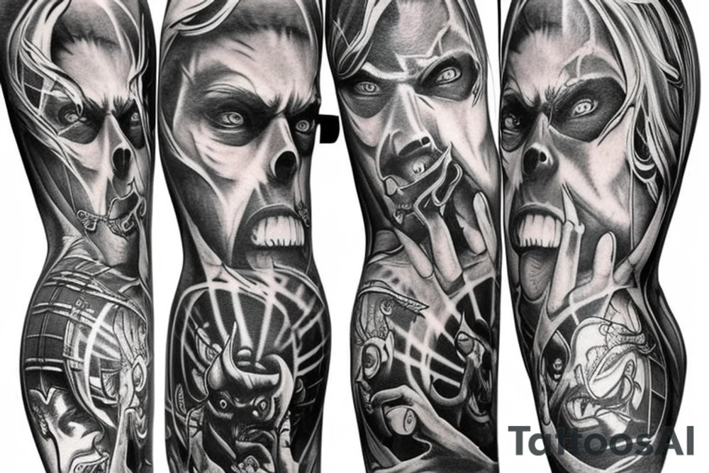 Show me a full arm sleeve tattoo for men that depicts the devil and darkness entering the underworld tattoo idea