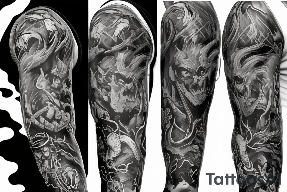 Show me a full arm sleeve tattoo for men that depicts the devil and darkness entering the underworld tattoo idea