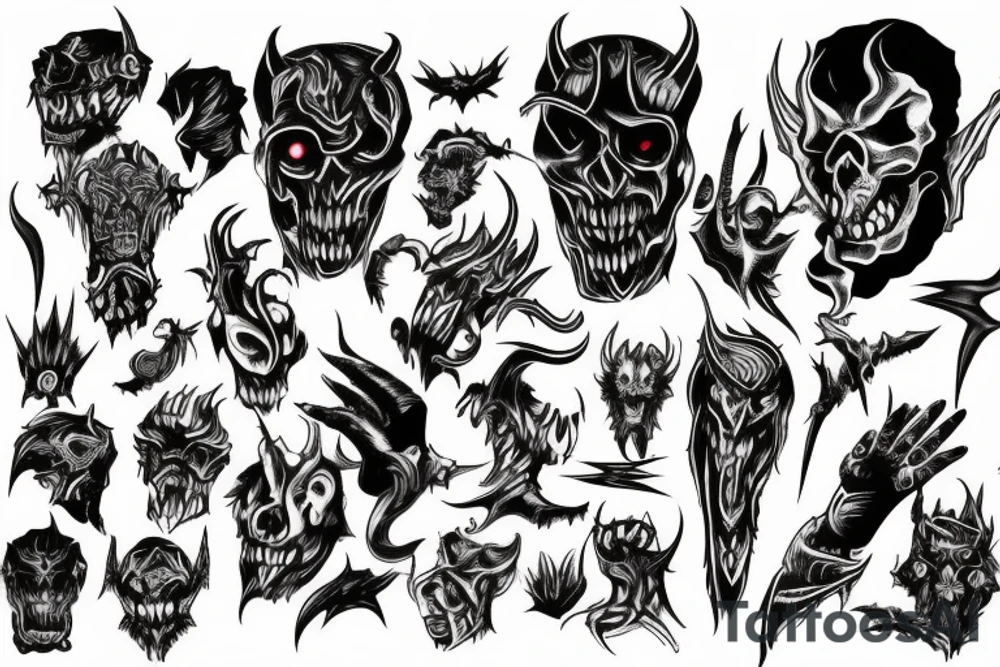 Show me a full arm sleeve tattoo for men that depicts the devil and darkness entering the underworld tattoo idea