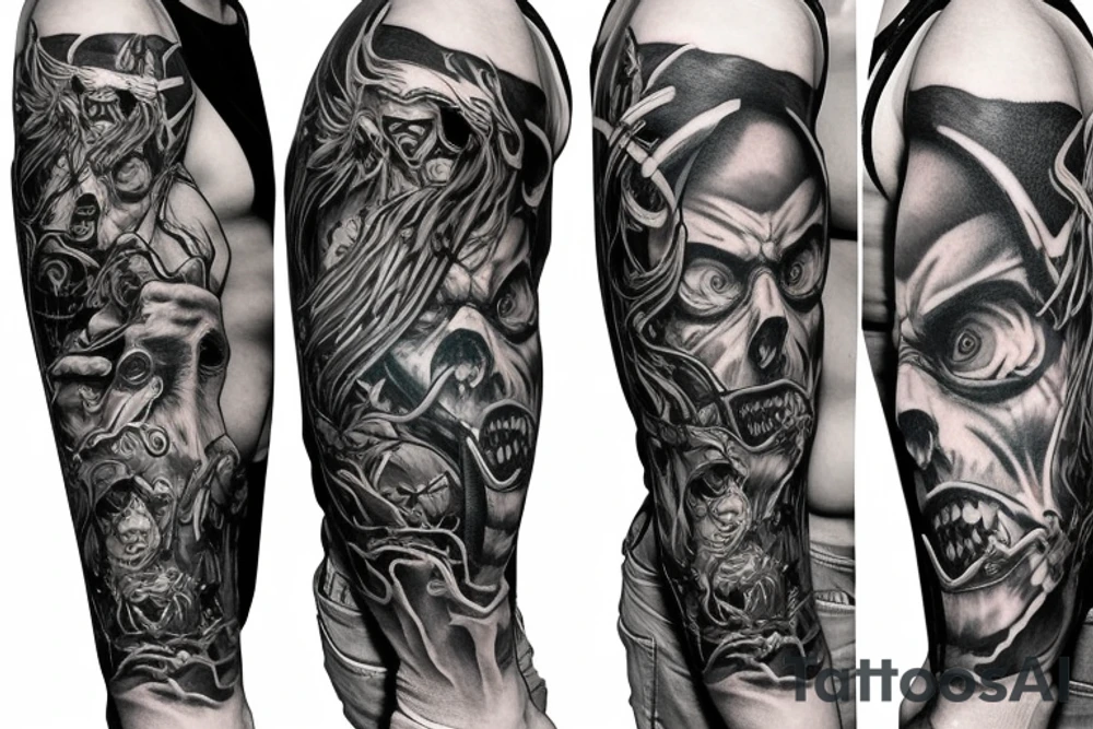 Show me a full arm sleeve tattoo for men that depicts the devil and darkness entering the underworld tattoo idea