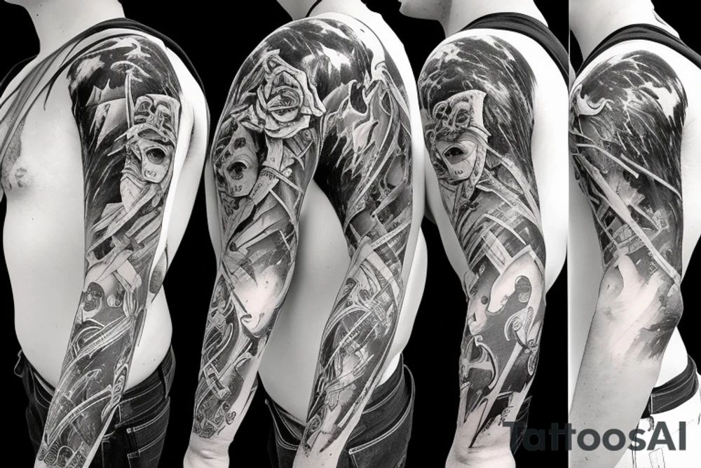 Show me a full arm sleeve tattoo for men that depicts the devil and darkness entering the underworld tattoo idea