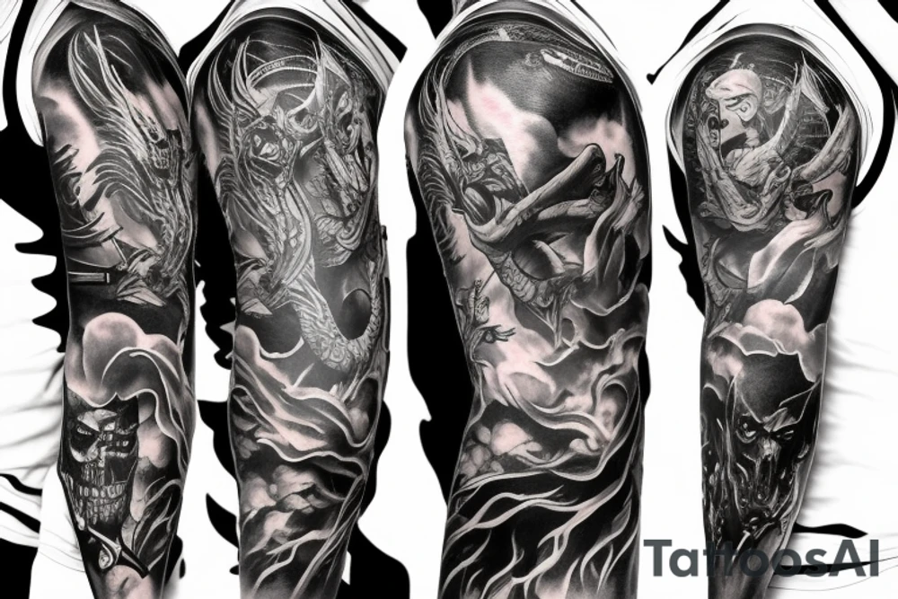 Show me a full arm sleeve tattoo for men that depicts the devil and darkness entering the underworld tattoo idea