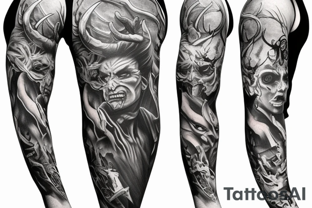 Show me a full arm sleeve tattoo for men that depicts the devil and darkness entering the underworld tattoo idea