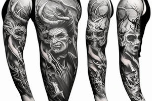 Show me a full arm sleeve tattoo for men that depicts the devil and ...