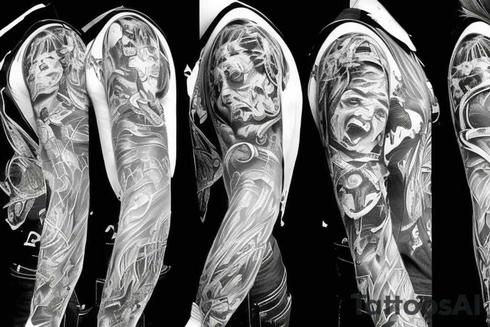 Show me a full arm sleeve tattoo for men that depicts the devil and darkness entering the underworld tattoo idea