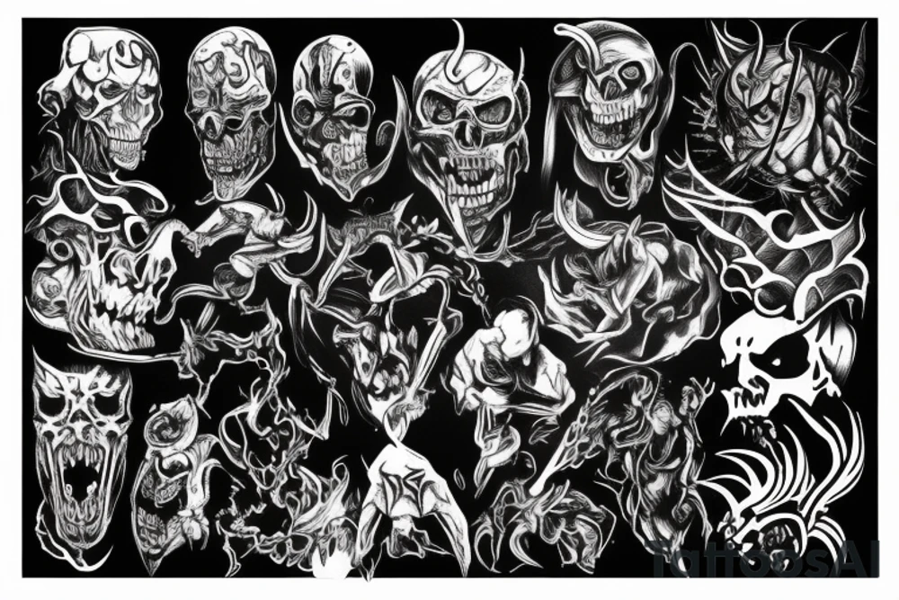 Show me a full arm sleeve tattoo for men that depicts the devil and darkness entering the underworld tattoo idea