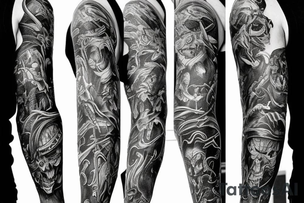 Show me a full arm sleeve tattoo for men that depicts the devil and darkness entering the underworld tattoo idea