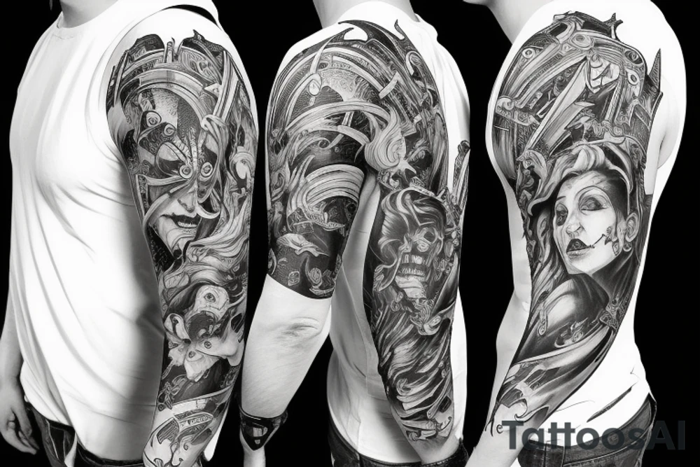 Show me a full arm sleeve tattoo for men that depicts the devil and darkness entering the underworld tattoo idea