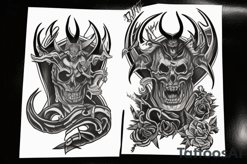 Show me a full arm sleeve tattoo for men that depicts the devil and darkness entering the underworld tattoo idea