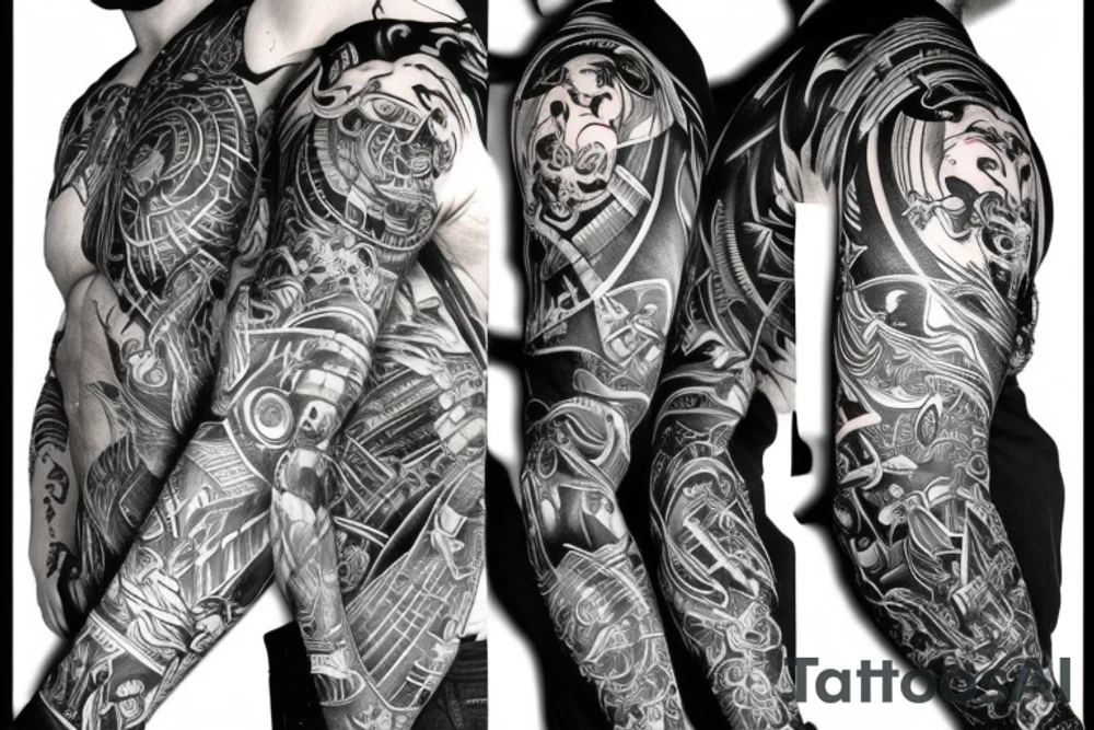 Show me a full arm sleeve tattoo for men that depicts the devil and darkness entering the underworld tattoo idea