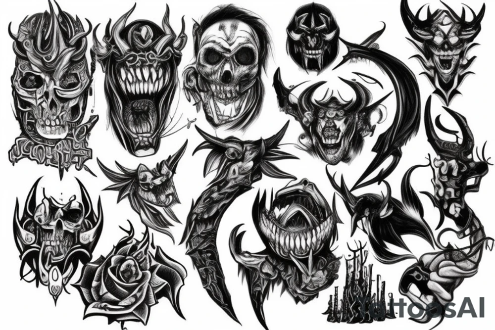 Show me a full arm sleeve tattoo for men that depicts the devil and darkness entering the underworld tattoo idea