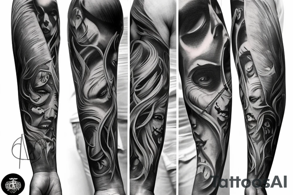 Show me a full arm sleeve tattoo for men that depicts the devil and darkness entering the underworld tattoo idea