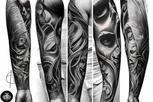 Show me a full arm sleeve tattoo for men that depicts the devil and darkness entering the underworld tattoo idea