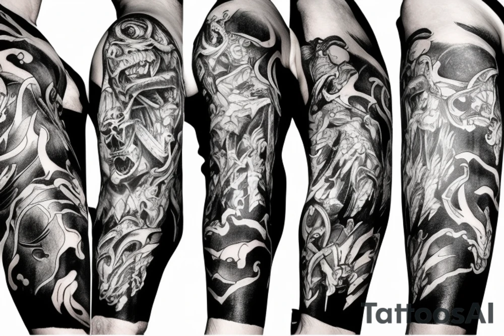 Show me a full arm sleeve tattoo for men that depicts the devil and darkness entering the underworld tattoo idea