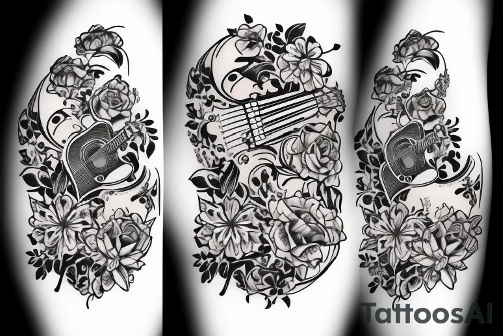 guitar with the name hayjo with flowers tattoo idea