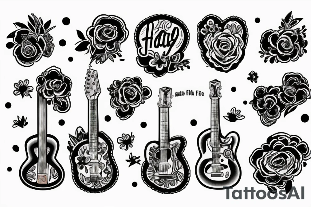 guitar with the name hayjo with flowers tattoo idea