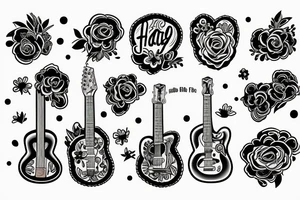 guitar with the name hayjo with flowers tattoo idea