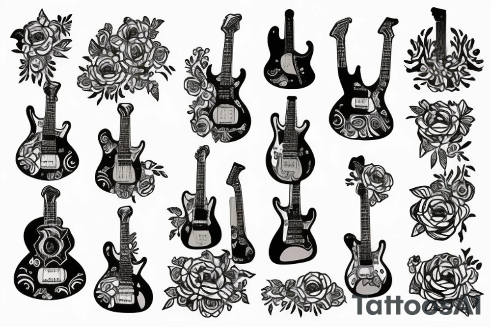guitar with the name hayjo with flowers tattoo idea