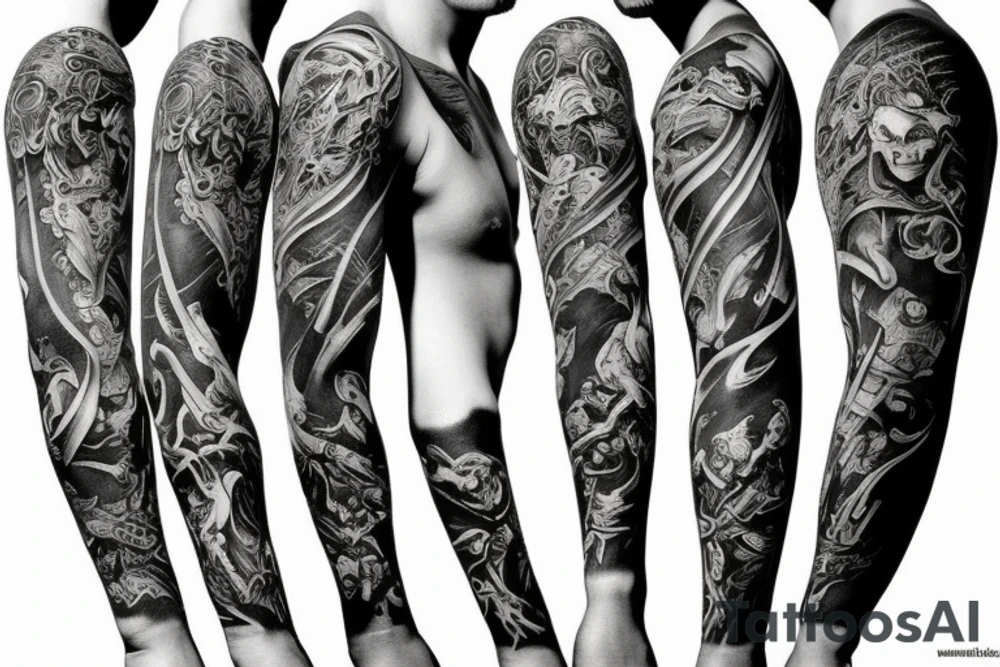 Full arm sleeve, evil god and mythology theme tattoo idea