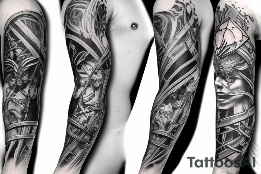 Full arm sleeve, evil god and mythology theme tattoo idea