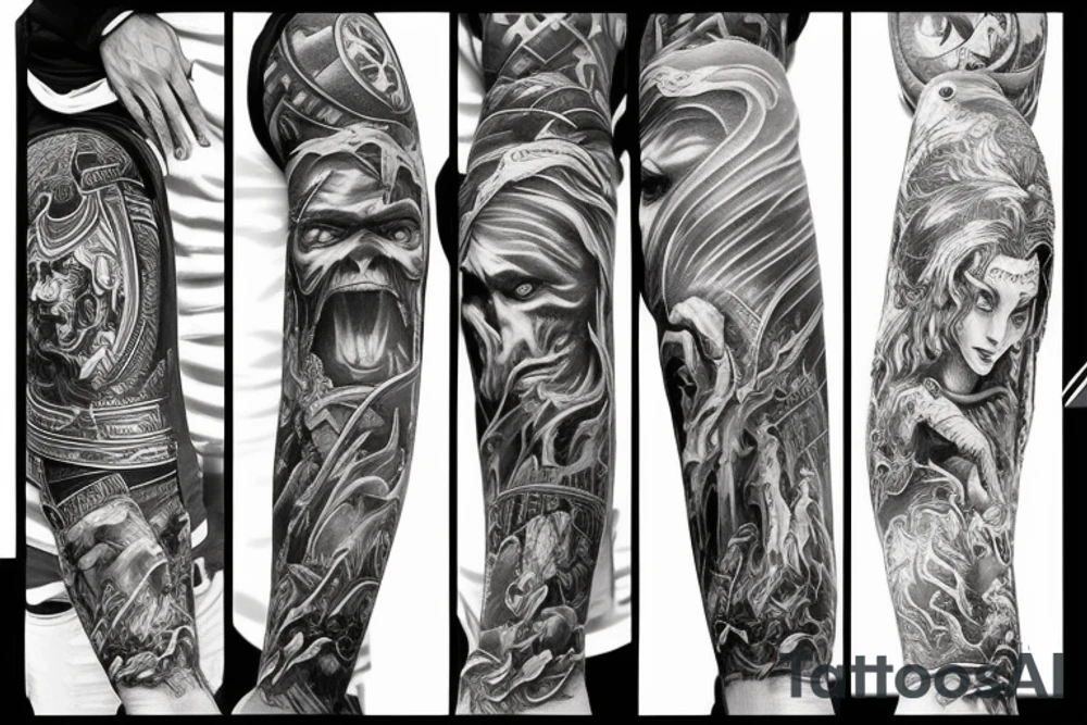 Full arm sleeve, evil god and mythology theme tattoo idea