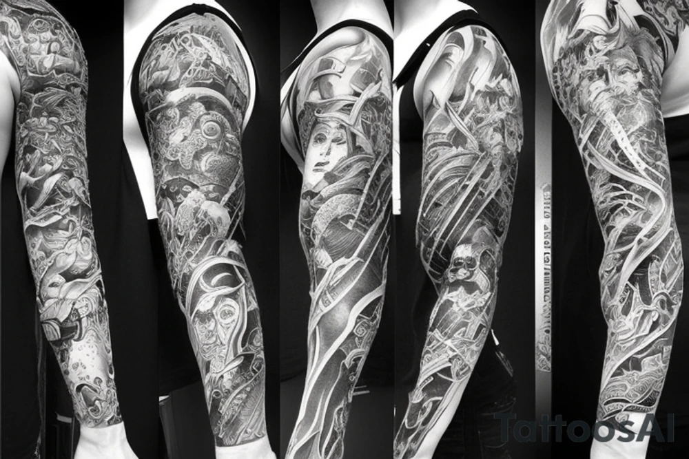 Full arm sleeve, evil god and mythology theme tattoo idea