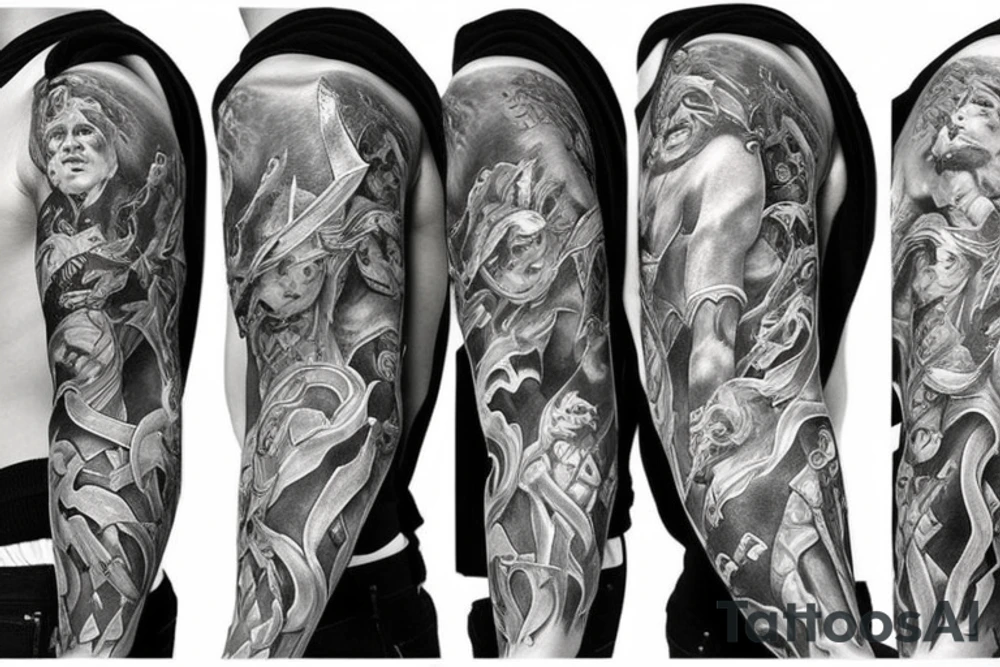 Full arm sleeve, evil god and mythology theme tattoo idea