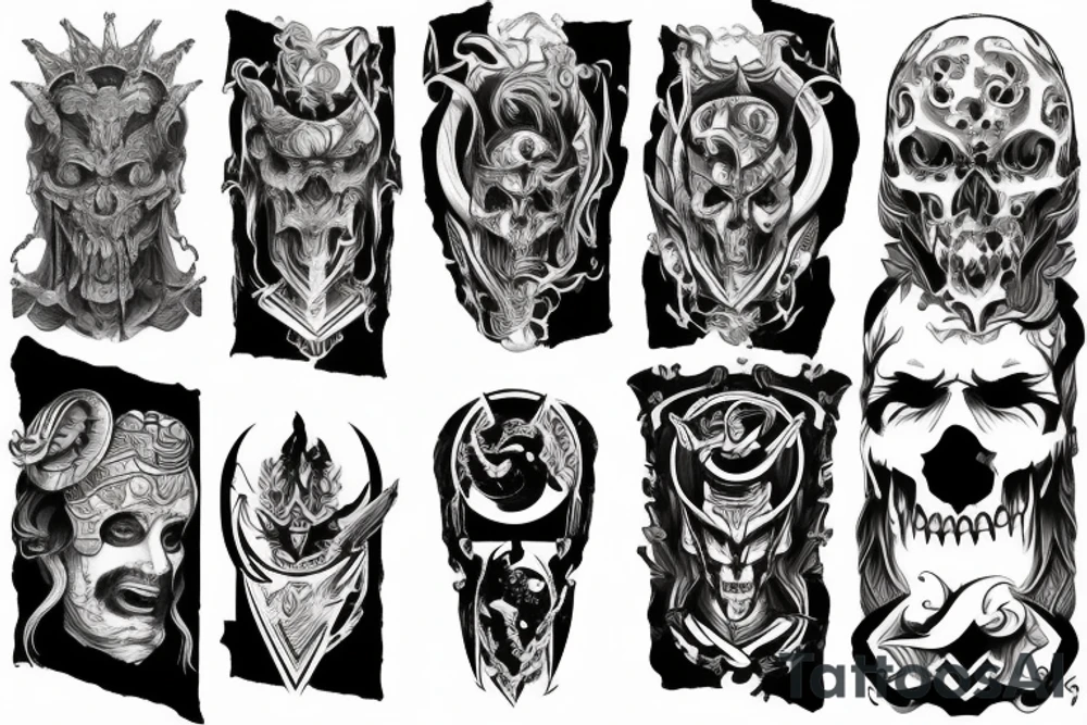 Full arm sleeve, evil god and mythology theme tattoo idea