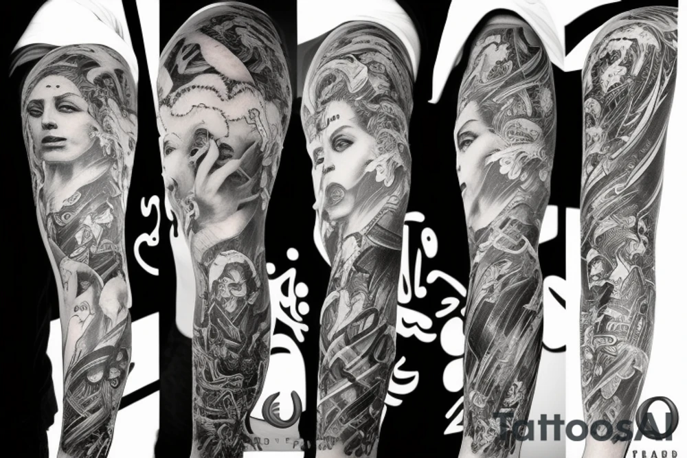 Full arm sleeve, evil god and mythology theme tattoo idea