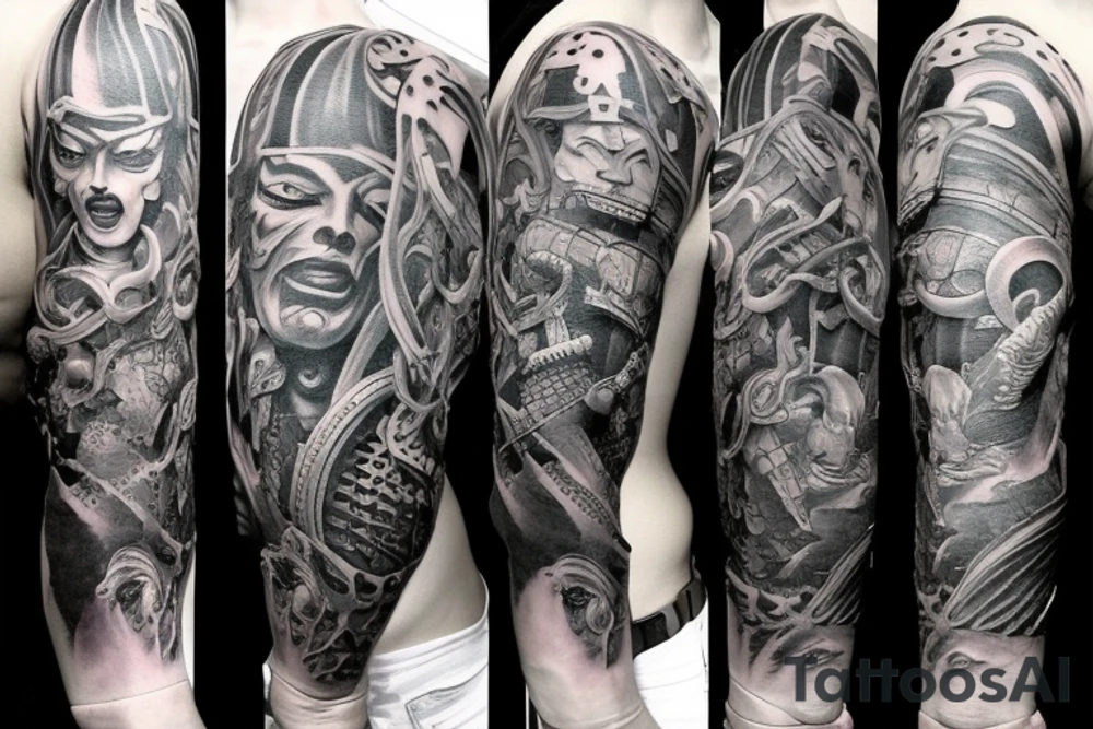 Full arm sleeve, evil god and mythology theme tattoo idea