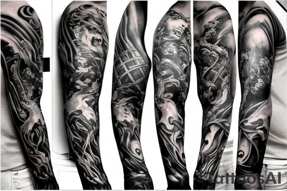 Full arm sleeve, evil god and mythology theme tattoo idea