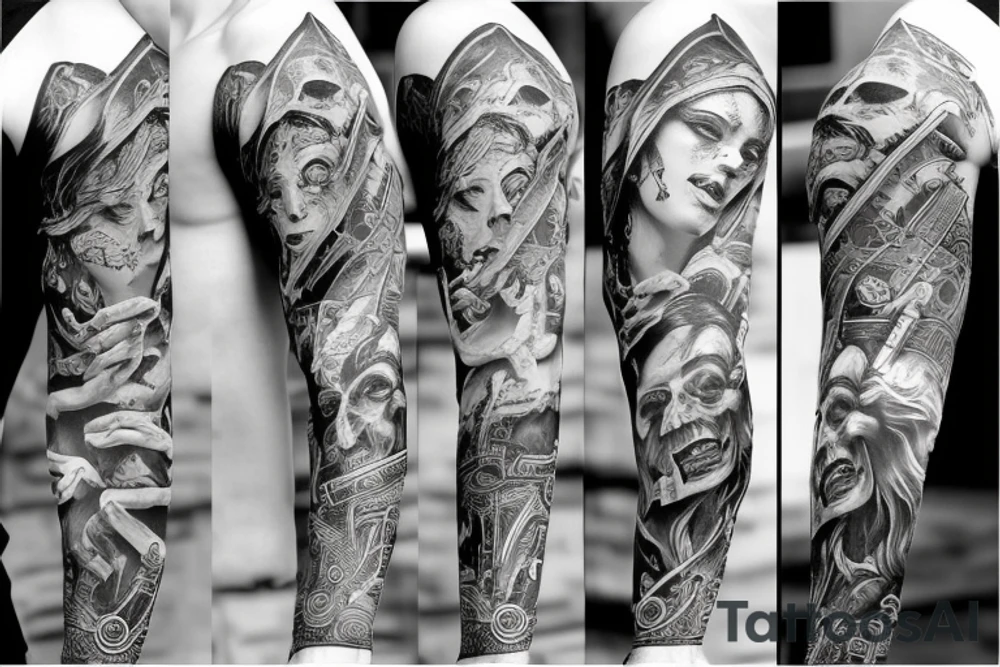 Full arm sleeve, evil god and mythology theme tattoo idea
