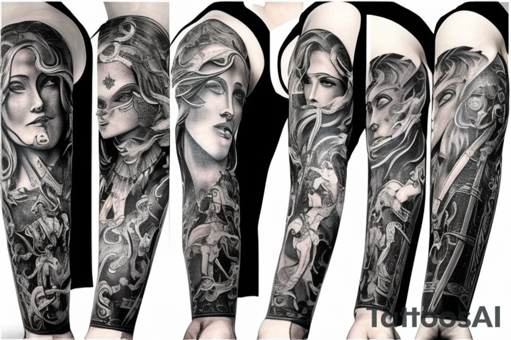 Full arm sleeve, evil god and mythology theme tattoo idea