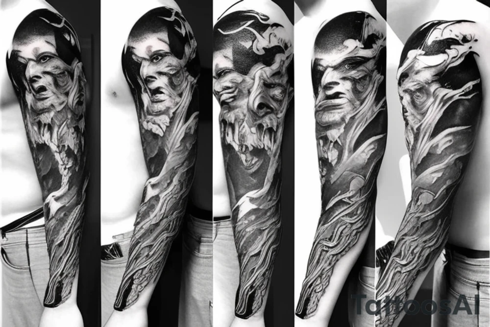 Full arm sleeve, evil god and mythology theme tattoo idea