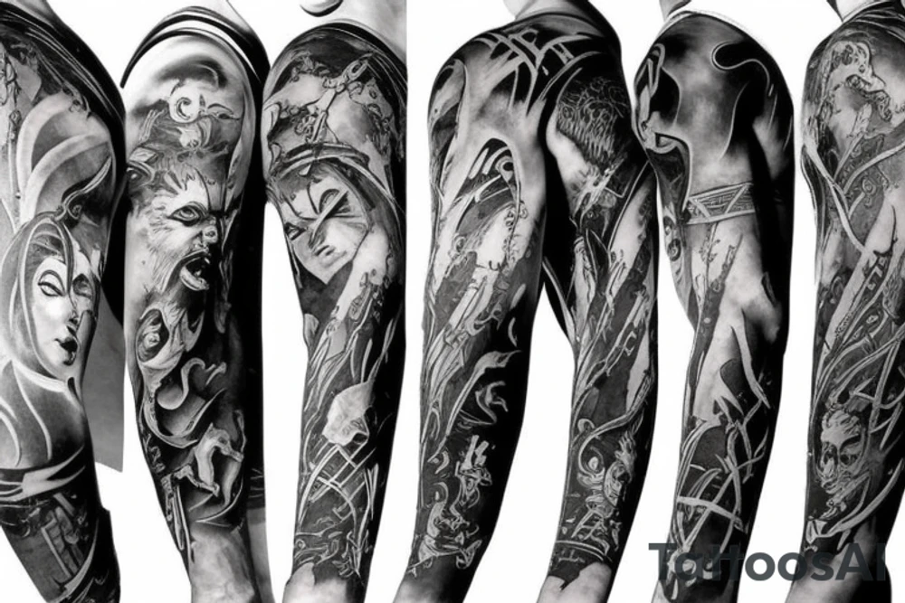 Full arm sleeve, evil god and mythology theme tattoo idea Full arm sleeve, evil god and mythology theme tattoo idea
