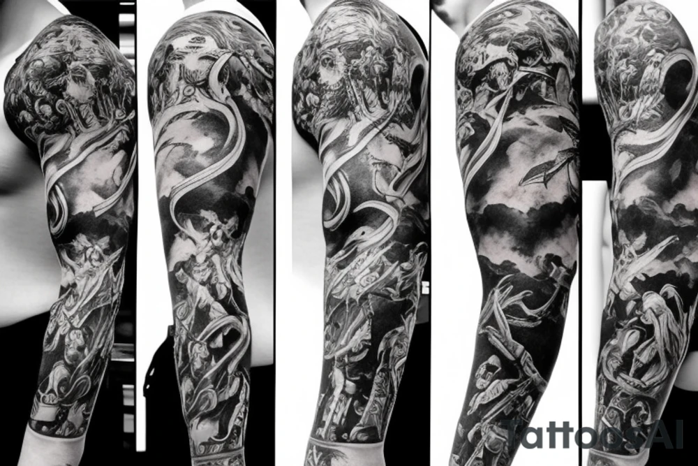 Full arm sleeve, evil god and mythology theme tattoo idea
