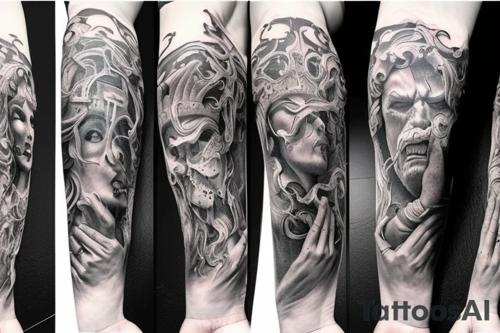 Full arm sleeve, evil god and mythology theme tattoo idea