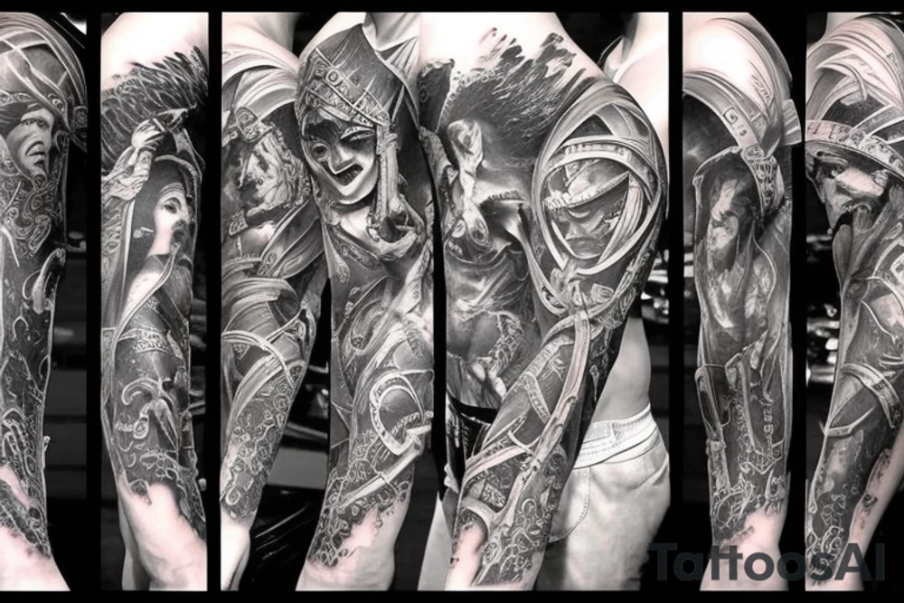 Full arm sleeve, evil god and mythology theme tattoo idea Full arm sleeve, evil god and mythology theme tattoo idea