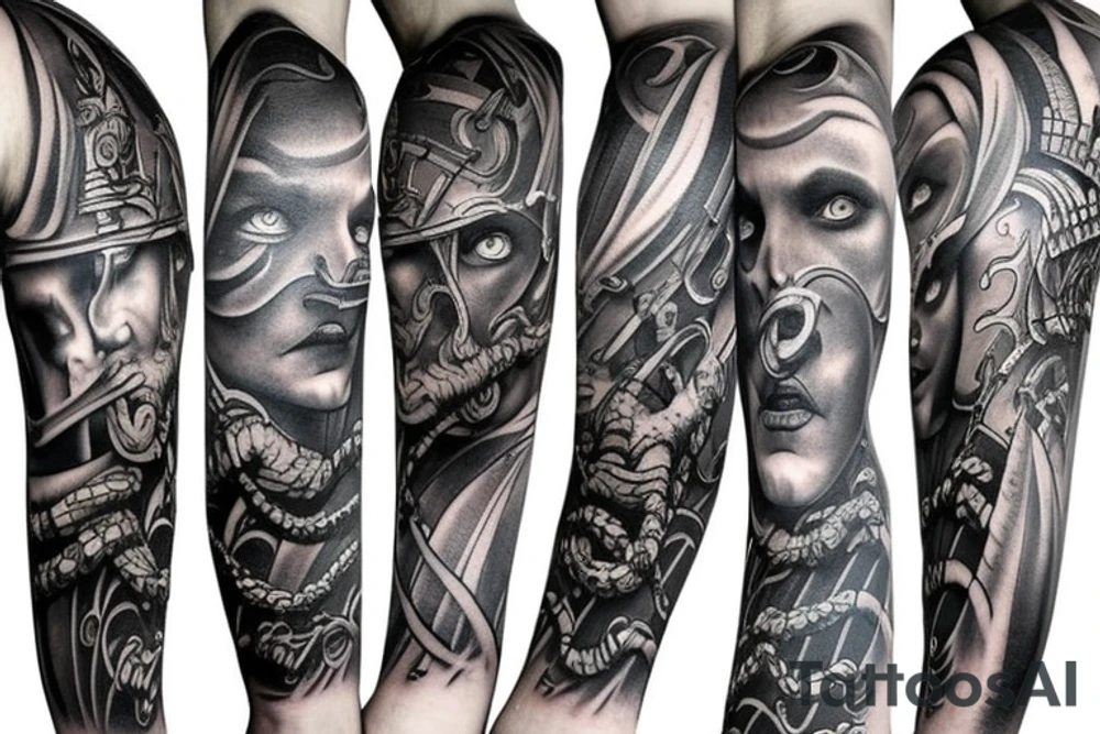 Full arm sleeve, evil god and mythology theme tattoo idea Full arm sleeve, evil god and mythology theme tattoo idea
