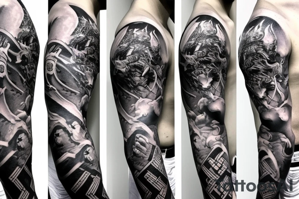 Full arm sleeve, evil god and mythology theme tattoo idea Full arm sleeve, evil god and mythology theme tattoo idea