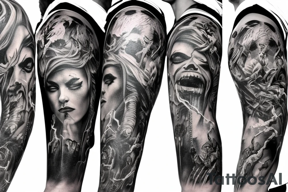 Full arm sleeve, evil god and mythology. Dark symbolism tattoo idea